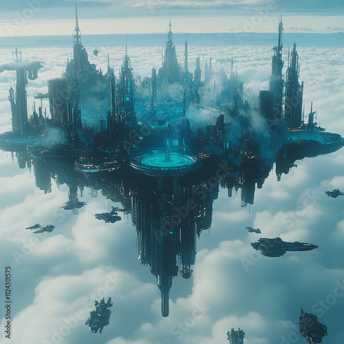 A large, icy, floating city in the sky, with buildings and futuristic ships.

