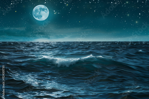 Ocean surface under a starry sky, with moonlight casting a silver glow on the gentle waves.