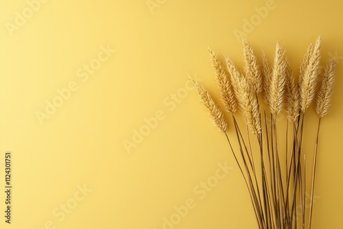 A minimalistic arrangement of dried pampas grass on a yellow background for modern decor. 