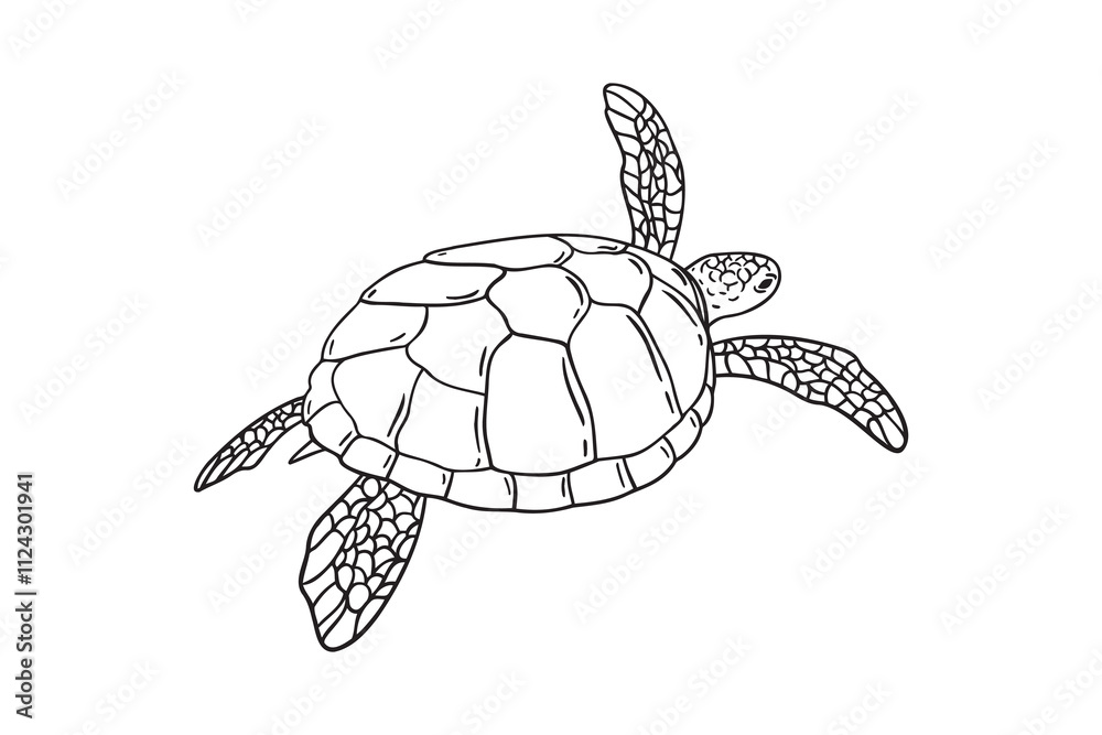 Fototapeta premium Stripes sea turtle swimming. realistic sea turtle doodle hand drawn isolated line black icon