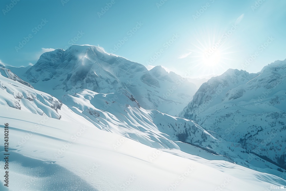 A breathtaking view of snow-covered mountains under a bright blue sky.