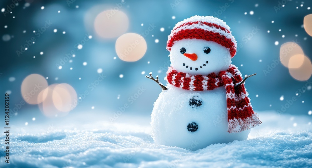 Charming snowman in a winter wonderland setting with soft snowfall and blurred bokeh lights in the background, perfect for holiday-themed visuals and festive decorations. Charming snowman in a winter wonderland setting with soft snowfall and blurred bokeh lights in the background, perfect for holiday-themed visuals and festive decorations.