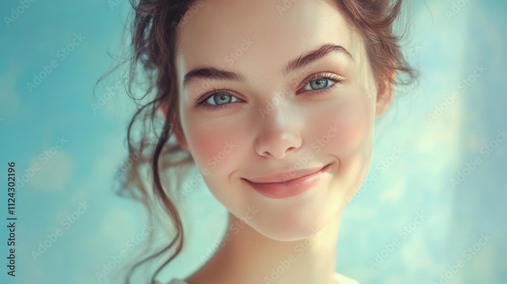 Woman smiling softly blue background portrait illustration. Woman smiling softly blue background portrait illustration.