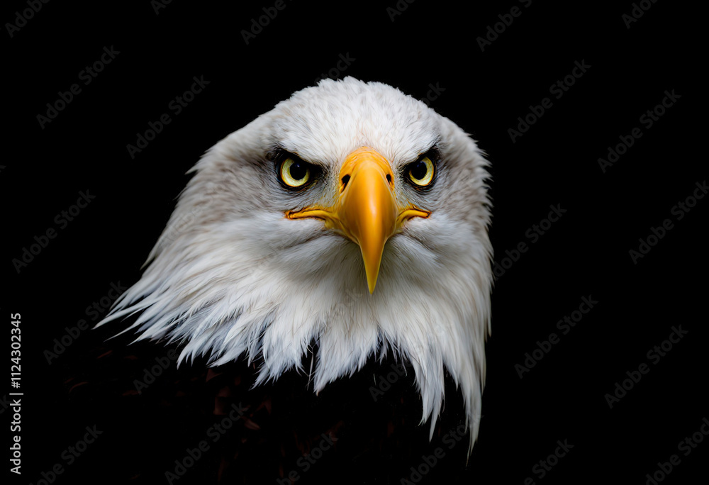 A close-up portrait of a bald eagle with its piercing gaze, perched on a branch against a dark background A close-up portrait of a bald eagle with its piercing gaze, perched on a branch against a dark background