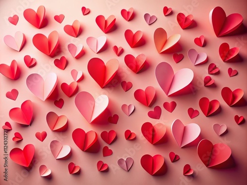 Charming Red Paper Hearts on Soft Pink Background for Valentine's Day Celebrations, Perfect for Romantic Themes and Love Messages in Architectural Photography Style