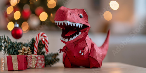 playful paper mache dinosaur in festive Christmas setting