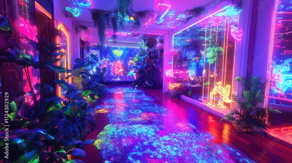 Neon-lit vibrant hallway. Neon-lit vibrant hallway.