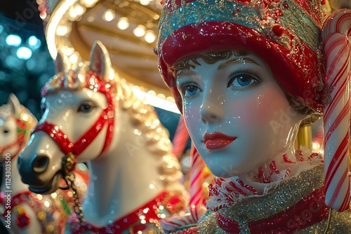 Playful holiday carnival theme with mannequins in colorful outfits. Carousel horses, candy canes, and bright photo