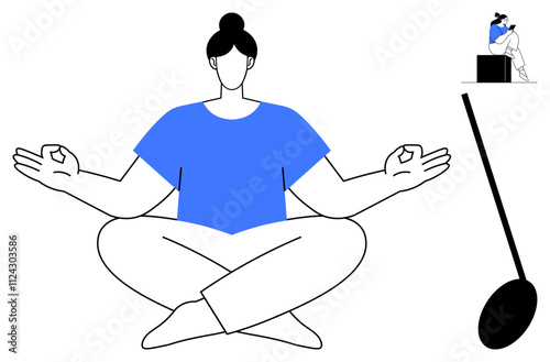 Person meditating in lotus position with calm expression while smaller figure sits on box appearing stressed. Ideal for wellness, stress management, meditation, mental health, mindfulness, self-care