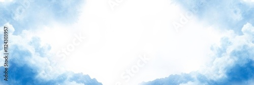 Abstract blue watercolor clouds background with symmetrical frame and white glow for copy space, white, watercolor, background