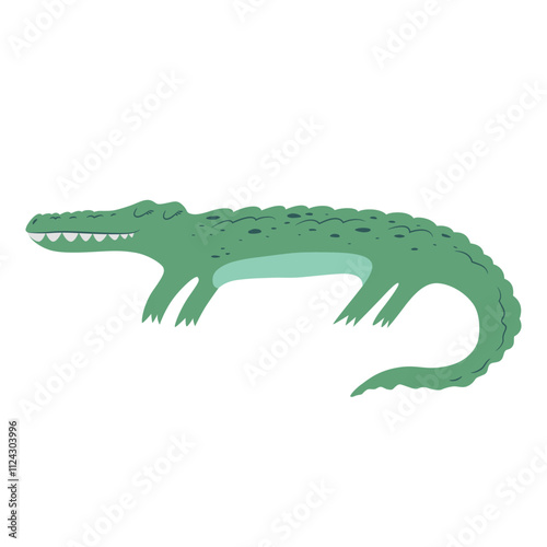 Vector illustration with cute hand drawn green crocodile isolated on white background. Adorable animal design illustration for card, wallpaper, poster, nursery decoration, fabric print