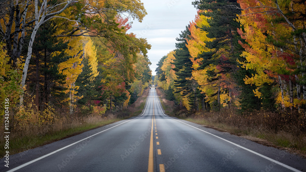 Scenic Fall Road Through Vibrant Forest with Yellow, Orange, and Red Leaves, Well-Maintained Smooth Road with White Dividing Lines, Canopy Thinning Towards Distance, Overcast Sky and Cool Crisp Scenic Fall Road Through Vibrant Forest with Yellow, Orange, and Red Leaves, Well-Maintained Smooth Road with White Dividing Lines, Canopy Thinning Towards Distance, Overcast Sky and Cool Crisp