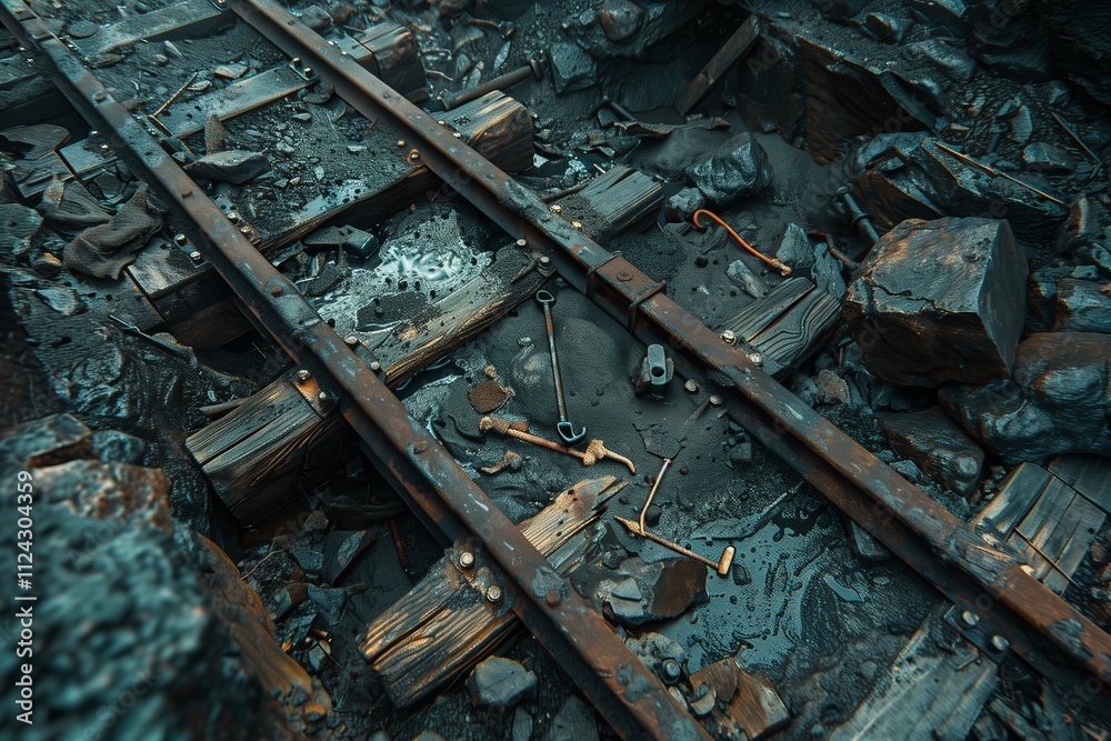 A close-up view of abandoned railway tracks buried in rocky terrain. A close-up view of abandoned railway tracks buried in rocky terrain.