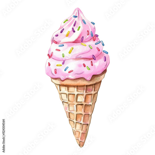 Delightful watercolor ice cream cone food art colorful sprinkles whimsical vibe artistic perspective summer treats. Transparent background