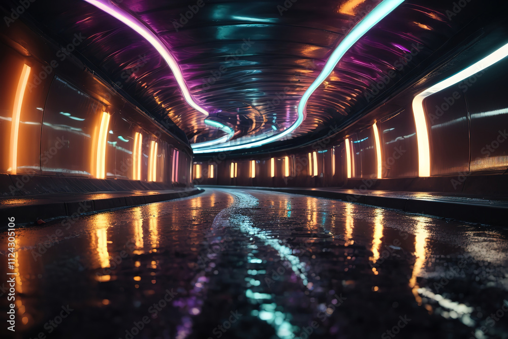 Gorgious A man walks through a tunnel with a long exposure of lights background Gorgious A man walks through a tunnel with a long exposure of lights background