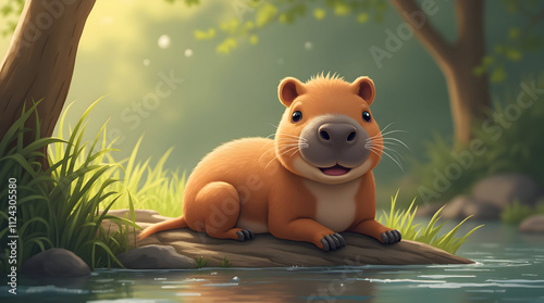 Charming Capybara Relaxing by a Tranquil Stream Amidst Lush Greenery and Natural Beauty