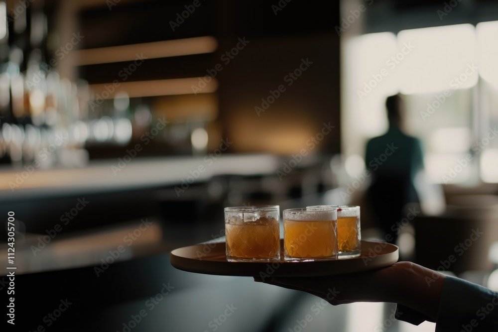 Minimalist Bar Scene with Waitress Serving Cocktails for Modern Hospitality Design Minimalist Bar Scene with Waitress Serving Cocktails for Modern Hospitality Design