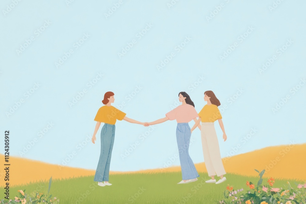 Unity and Friendship: Three Women Holding Hands in a Circle in a Meadow Unity and Friendship: Three Women Holding Hands in a Circle in a Meadow