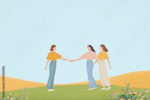 Unity and Friendship: Three Women Holding Hands in a Circle in a Meadow