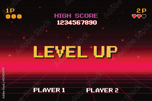 LEVEL UP. pixel art. 8 bit game. Retro Futurism Sci-Fi Background. glowing neon grid and stars from vintage arcade comp