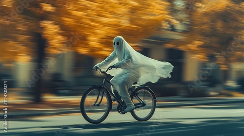 A cute white ghost riding a bicycle at full speed down a street, Photography design,


 photo