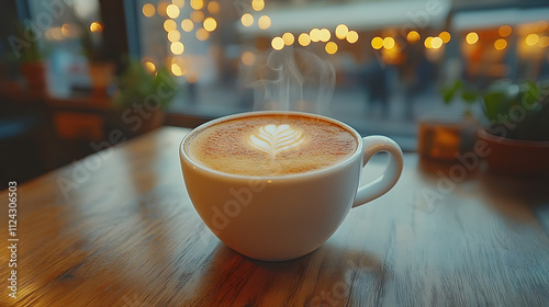  steaming cup of latte featuring intricate art, set on a wooden table near a window with soft bokeh lights in a warm and inviting café atmosphere. photo