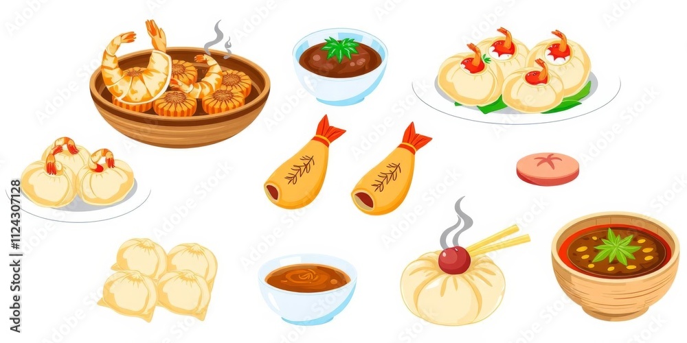 Assorted dim sum dishes illustrations including shrimp dumplings, wonton, spring rolls, and pork bun on a white background, shrimp dumplings, fried, dishes Assorted dim sum dishes illustrations including shrimp dumplings, wonton, spring rolls, and pork bun on a white background, shrimp dumplings, fried, dishes