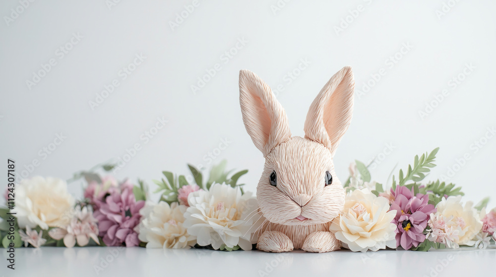 Obraz premium charming paper mache rabbit surrounded by colorful flowers, evoking joy