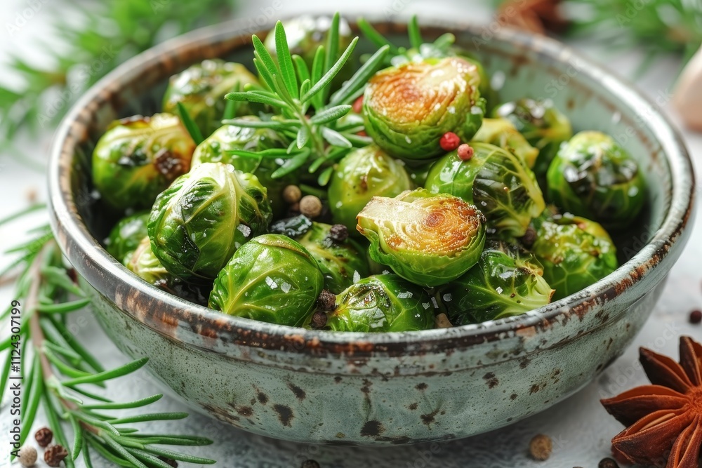 A beautifully arranged plate of roasted brussels sprouts drizzled with olive oil on white backdrop. A beautifully arranged plate of roasted brussels sprouts drizzled with olive oil on white backdrop.