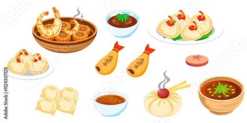 Assorted dim sum dishes illustrations including shrimp dumplings, wonton, spring rolls, and pork bun on a white background, shrimp dumplings, fried, dishes photo