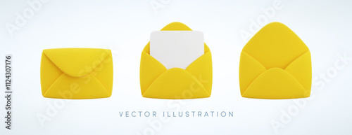 Vector cartoon 3d yellow envelope icon set. Realistic 3d render closed, open letter symbol. New message notification, newsletter subscriptions, email services cute design element for social media, app