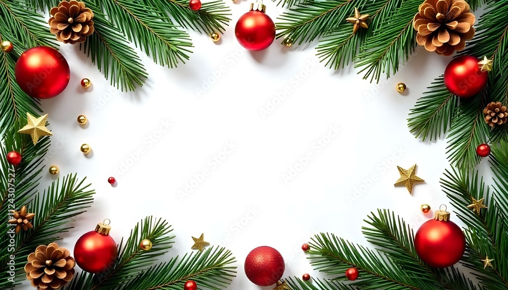 Christmas card template with fir branches, cones and yellow-red Christmas balls. Family joy Christmas card template with fir branches, cones and yellow-red Christmas balls. Family joy