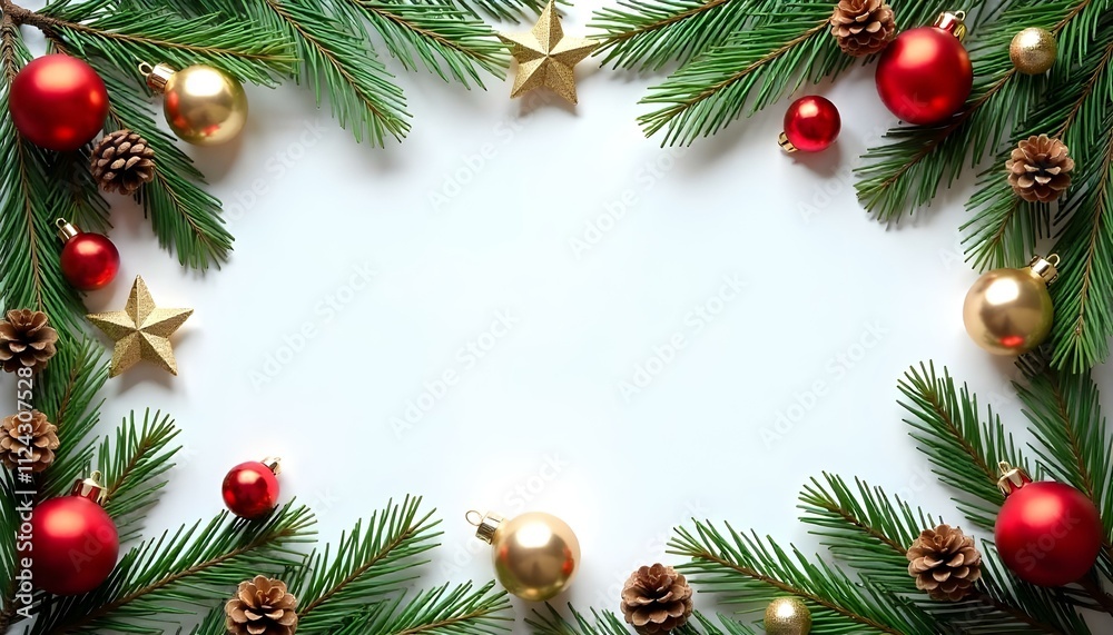 Christmas card template with fir branches, cones and yellow-red Christmas balls. Family joy Christmas card template with fir branches, cones and yellow-red Christmas balls. Family joy