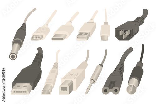 High frequency cable, TV plug for transmitting analog audio and video signals, for connecting various telecommunications equipment. Electrical goods and power adapters. Vector illustration