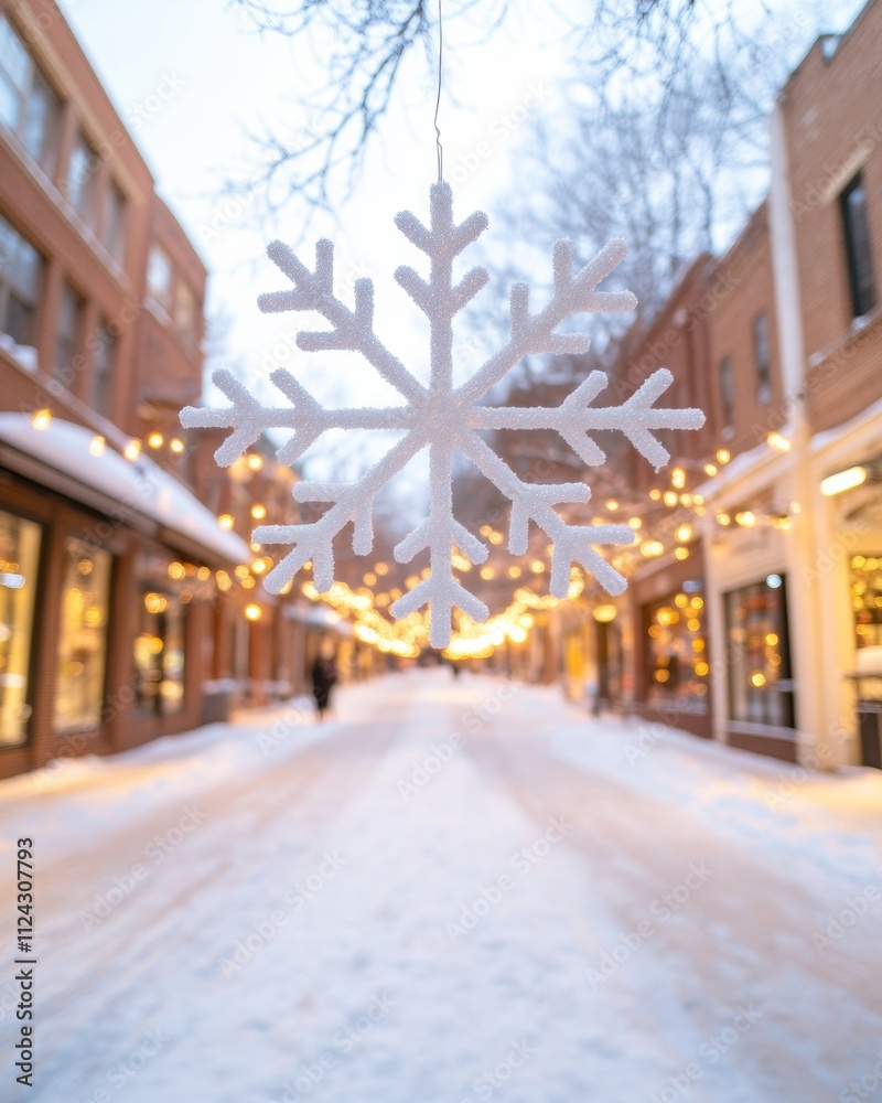Obraz premium Wintery Urban Wonderland at Night Snowflakes and Holiday Lights in a Quiet Shopping District