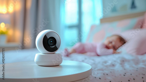 Monitoring baby with wireless ip camera on bedside table in cozy nursery