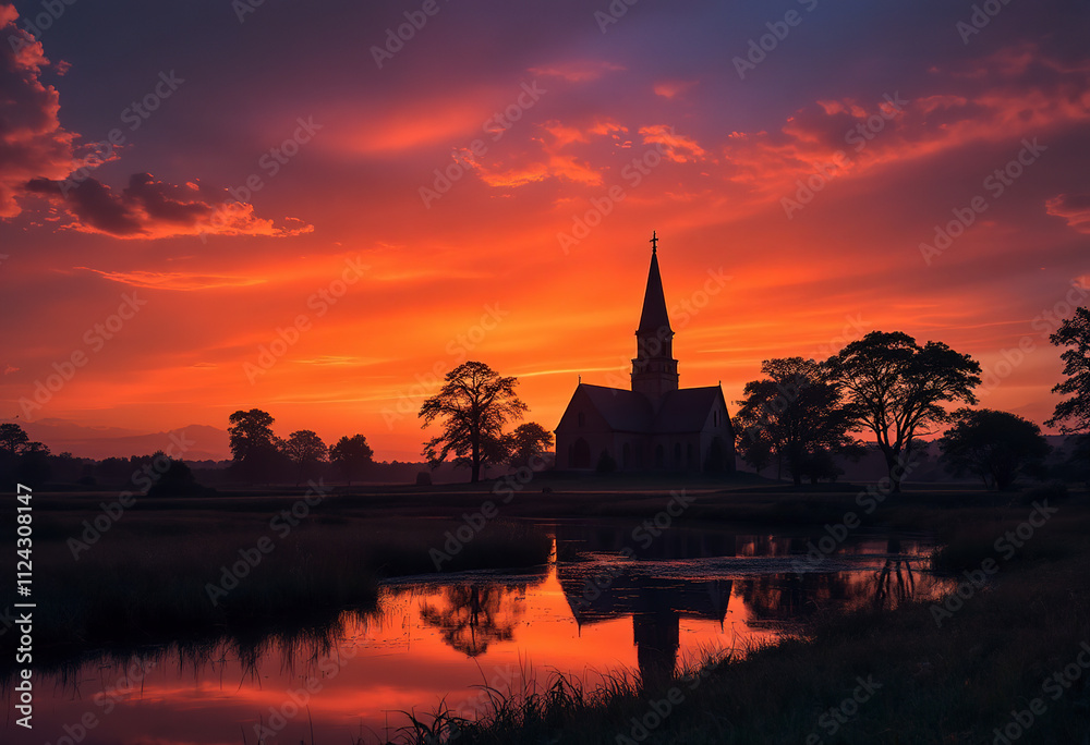 Fototapeta premium A church silhouetted against an orange sunset sky, with a body of water in the foreground