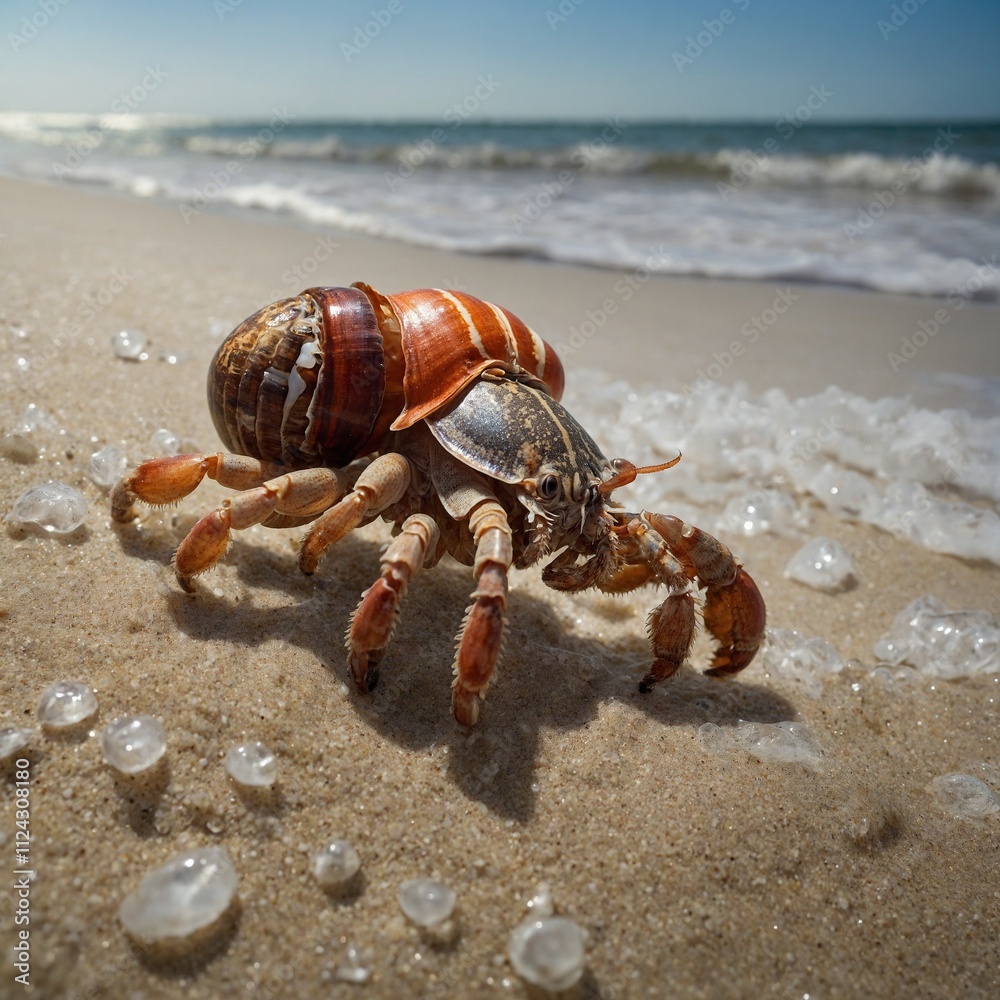 A hermit crab scuttling on the sand beneath clear waves. A hermit crab scuttling on the sand beneath clear waves.