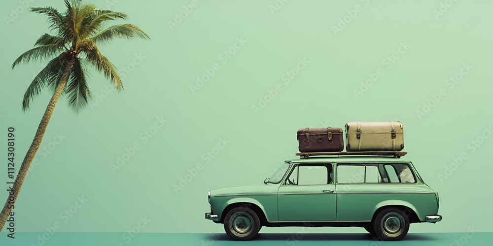 Retro Road Trip Car with Luggage and Palm Tree Retro Road Trip Car with Luggage and Palm Tree