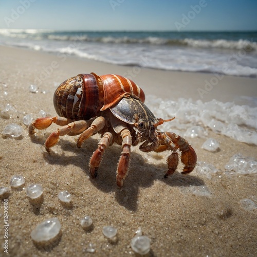 A hermit crab scuttling on the sand beneath clear waves. photo