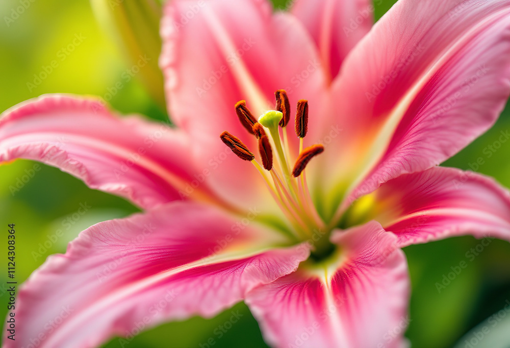 Fototapeta premium A close-up of a pink lily flower with a green center and stamen, against a blurred green background