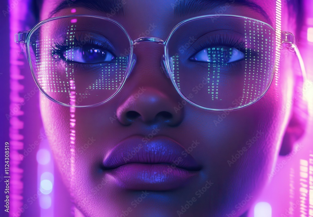Close-up Portrait of a Young Woman with Glasses, Futuristic Background, Neon Lights, Digital Matrix Reflections, Tech Aesthetics, Cyber Culture Vibes, Stylish and Modern Close-up Portrait of a Young Woman with Glasses, Futuristic Background, Neon Lights, Digital Matrix Reflections, Tech Aesthetics, Cyber Culture Vibes, Stylish and Modern