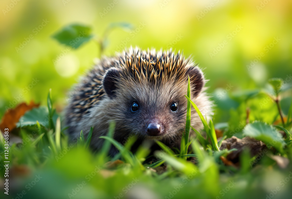 A close-up of a young hedgehog in a grassy field with leaves and plants in the background