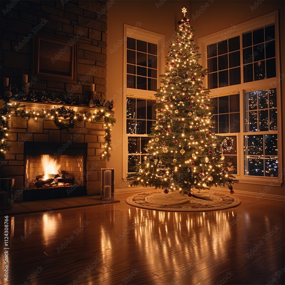 Christmas tree at night in house by fireplace. Christmas tree at night in house by fireplace.