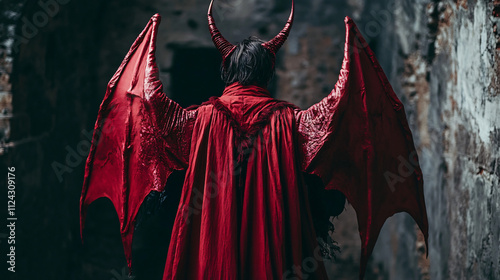 Wearing a devil costume with horns and a tail. photo