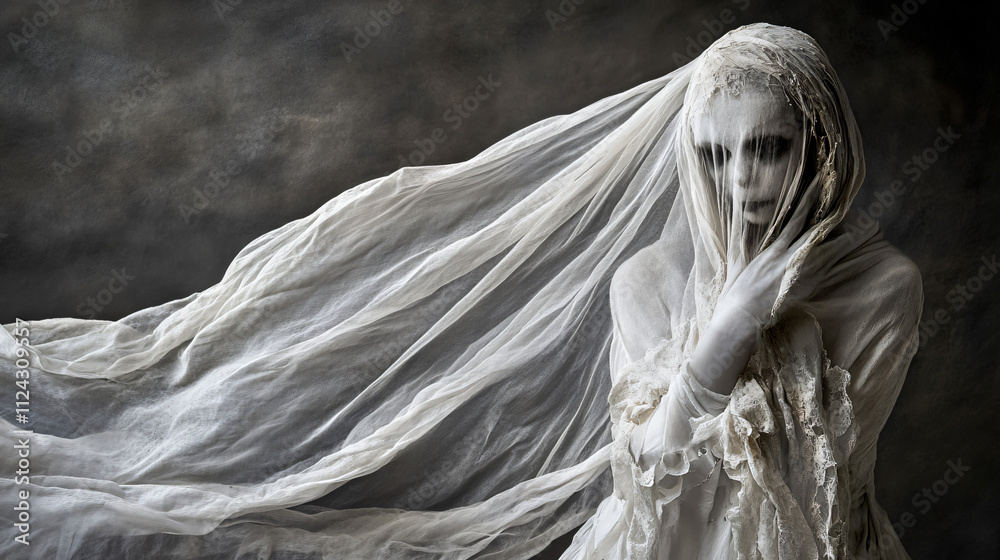 Wearing a ghost bride costume with tattered veil. Wearing a ghost bride costume with tattered veil.