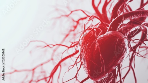 A creative representation of a human cardiovascular system with highlighted blood vessels and animated blood flow, set against a white background, Minimalist style