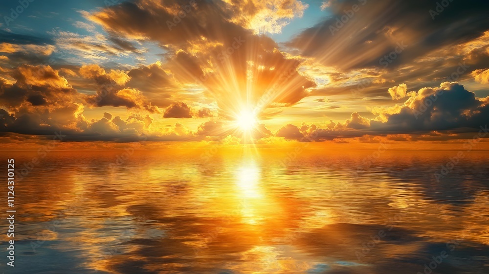 A golden sunset reflecting on the surface of calm water symbolizing peace and prosperity A golden sunset reflecting on the surface of calm water symbolizing peace and prosperity
