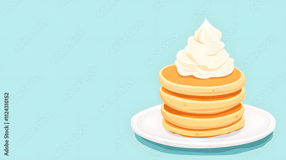 Delicious pancakes stacked high with creamy whipped topping Delicious pancakes stacked high with creamy whipped topping