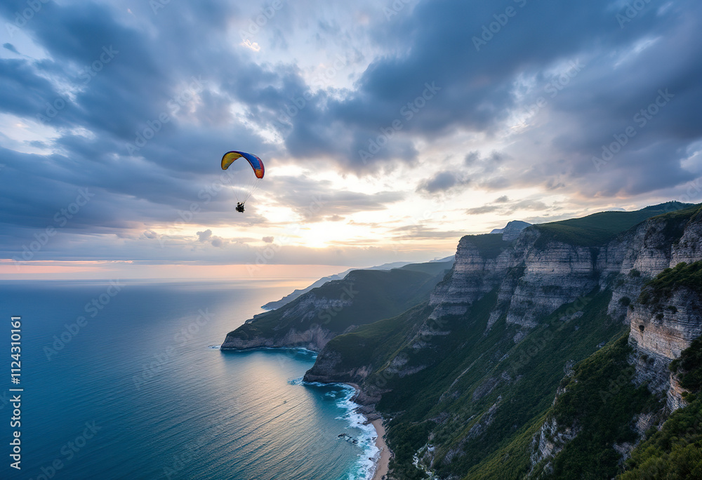 A paraglider soaring over a mountainous coastal landscape with cliffs, ocean, and a dramatic sky with clouds at sunset